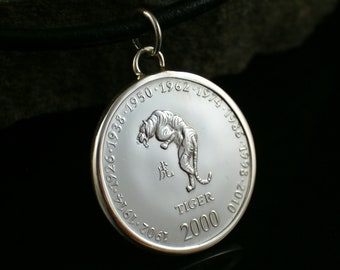 Chinese zodiac tiger 925 sterling silver pendant coin Chinese horoscope birthday gift tiger pendant gift for women pendant silver