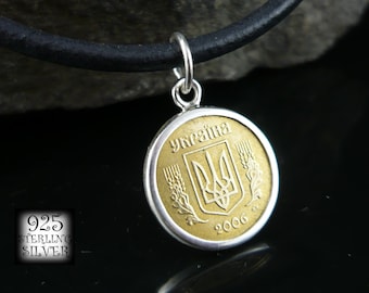 Ukraine coin pendant * silver Ag 925 * aluminum bronze coin * original Europe coin * leather necklace * hand made jewelry