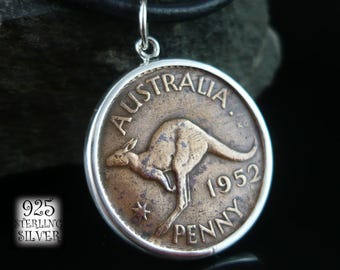 Pendant coin Australia 1952 * 925 sterling silver * for 52nd birthday * bronze coin * kangaroo pendant *silver jewelry *necklace with coin