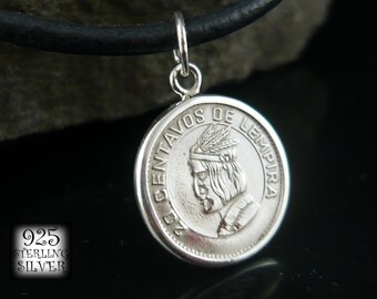 Honduras Pendant 1973 * 925 Sterling Silver * Coin Original Cupronickel * Leather Necklace * Chain * Lempira Chief * Hand Made * Gift