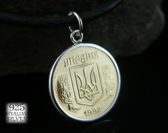 Ukraine coin pendant 1992 * silver Ag 925 * aluminum bronze coin * for 50th birthday * leather necklace * hand made jewelry * handicraft