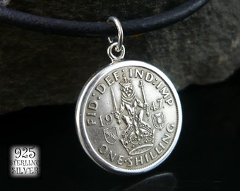 Pendant Great Britain 1947 * silver Ag 925 * original copper-nickel coin * for 47th birthday * coat of arms of Scotland * leather * chain