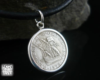 Pendentif Portugal 1972 * Argent Ag 925 * pièce originale cuivre-nickel * collier cuir * pour 72ème anniversaire * bijoux de navire