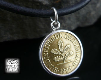 Pendant Germany 1983 * 925 Silver * Coin Original Brass Plated Steel * 18th Birthday * Leather Necklace * Chain * Oak Leaf