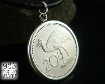 Pendant coin Papua Nowa Gwinea 2009 * steel coin * sterling silver * bird Cassowary pendant * leather necklace* birthday * jewelry hand made