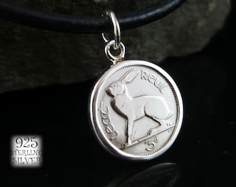 Pendant coin Ireland 1962 * silver Ag 925 * copper nickel coin * rabbit * original coin * for 65th birthday * leather necklace * hand made