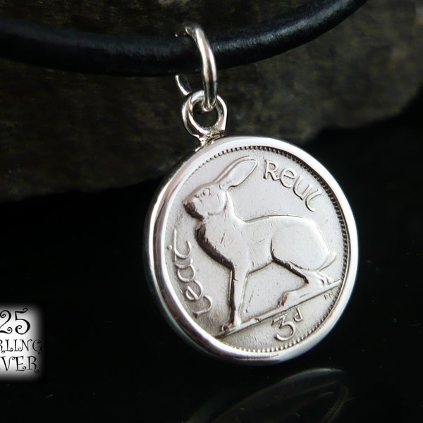 Pendant coin Ireland 1962 * silver Ag 925 * copper nickel coin * rabbit * original coin * for 65th birthday * leather necklace * hand made