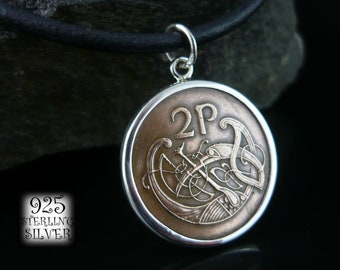 Ireland pendant 1986 * silver Ag 925 * original bronze coin * leather necklace * harp * for 18th birthday * hand made jewelry * bird