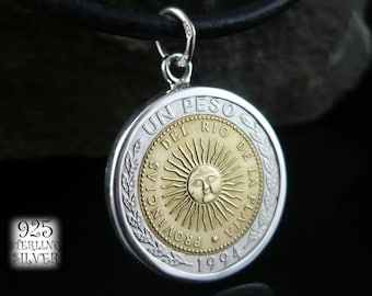 Argentina pendant 1994 1995 1996 * silver Ag 925 * bimetal coin * leather necklace * chain * sun * for 18th birthday * hand made