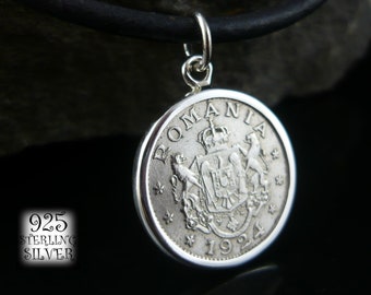 Wisiorek Rumunia 1924 * srebro Ag 925 * moneta oryginalna miedzionikiel * naszyjnik skóra * łańcuch * na  24 urodziny * biżuteria hand made