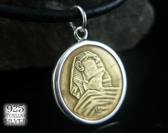 Pendant coin Sphinx Egypt 1958 * 925 sterling silver * coin Africa *gift for women*aluminium bronze coin* jewelry hand made*necklace leather