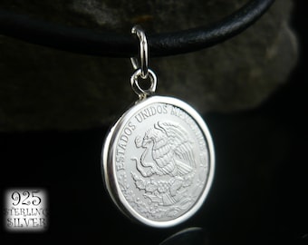 Mexico coin pendant 2001 * 925 silver * stainless steel coin * leather necklace * original coin *for 18th birthday * North america*hand made
