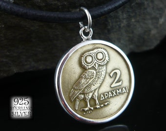 Greece 1973 coin pendant * silver Ag 925 * nickel brass coin * leather necklace * owl coin * for 18th birthday * hand made jewelry