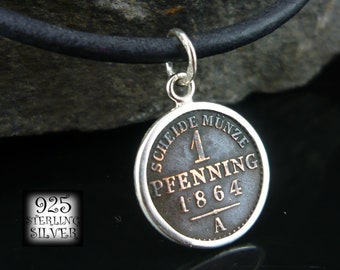 Pendant Prussia Germany 1864 * original copper coin * 925 silver * for birthday * leather necklace * chain * vintage jewelry