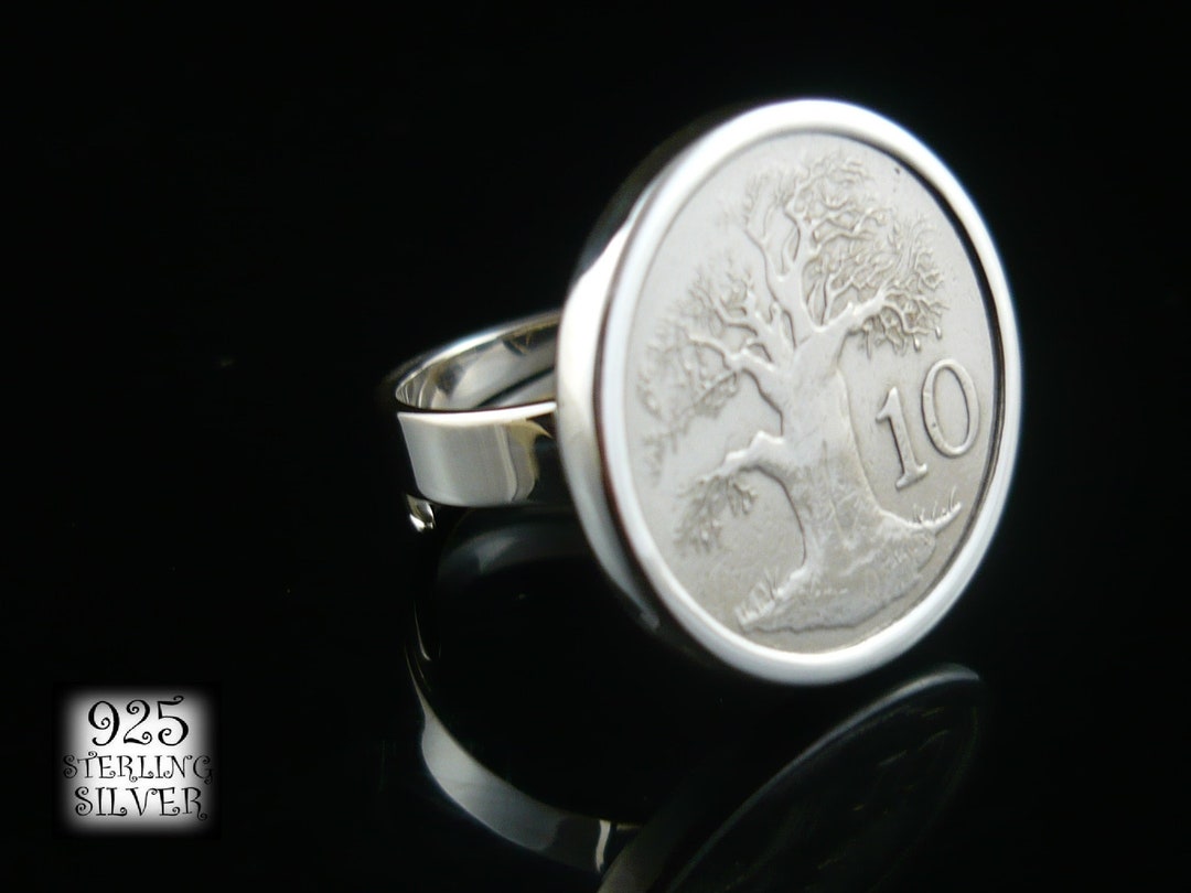 Zimbabwe Coin Ring 925 Sterling Silver Original Coppernickel Coin Birthday Adjustable Ring