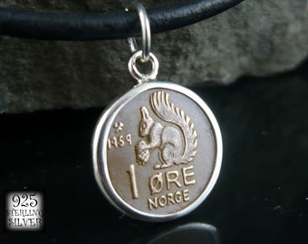 Pendentif Norvège * argent Ag 925 * pièce de monnaie originale en bronze * collier en cuir * chaîne * écureuil * anniversaire * bijoux faits à la main