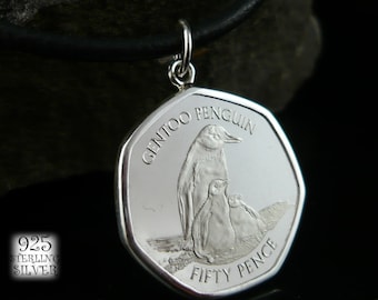 Falkland Islands pendant 2021 * copper-nickel coin * 925 silver * for 50th birthday * leather necklace * penguins pendant * jewelry