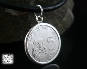 Pendant coin Brazil 1975 * 925 sterling silver * for 75th birthday * stainless steel coin * leather necklace * jewelry hand made * zebu