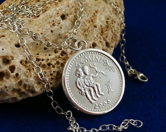 Segno zodiacale Gemelli * Ag 925 argento * oroscopo * moneta in acciaio inossidabile * per compleanno * gioielli fatti a mano * artigianato * regalo collana