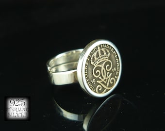 Ring with coin Sweden 1916 * 925 sterling silver * original coin bronze * vintage * adjustable ring * lucky ring
