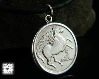 Pendant coin Greece 1973 * 925 sterling silver * for 73rd birthday * copper nickel coin * pegasus pendant * necklace leather * horse
