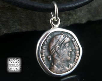 Imperatore Valentiniano I 364–375 * Ciondolo moneta originale in bronzo antico * Impero Romano * Argento 925 * 18° compleanno * Collana in pelle