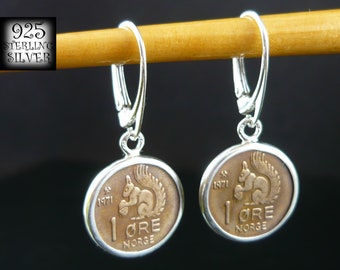 Coin earrings Norway 1962 * original bronze coins * 925 silver * for birthday * squirrel * 1965 1971 * gift