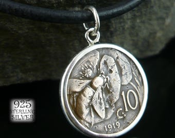 Pendant Italy 1919 * silver Ag 925 * original copper coin * leather necklace * very rare coin * bee * for birthday * Christmas Gifts