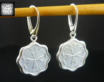 Malta 1972 coin earrings * original aluminum coins * 925 silver * hand made jewelry * for 72nd birthday * Maltese cross