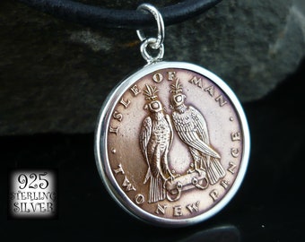 Coin pendant Isle of Man 1975 * silver Ag 925 * coin original bronze * Europe * leather necklace * hand made jewelry * falcon birds