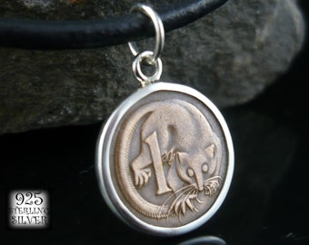 Pendant Australia 1966 coin * 925 sterling silver * leather necklace * bronze coin * carnelian acrobat* for 18th birthday *jewelry hand made