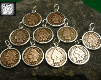 United States One Cent pendant * 925 silver * original bronze coin * natural leather * chain * 1890 - 1899 * Indian * vintage