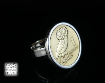 Greece Coin Ring * 925 Sterling Silver * Original Brass Coin * Owl * Adjustable Ring * Lucky Ring