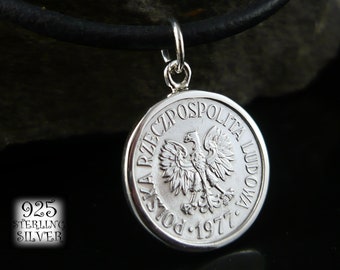 Pendant Poland 20 groszy * silver 925 * original coin aluminum * 20th birthday * necklace leather * natural leather * chain * eagle
