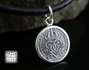 Coin pendant Sweden 1950 * silver 925 * coin original iron * for 18th birthday * leather necklace * chain * hand made jewelry