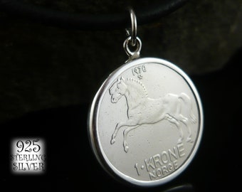Pendant Norway 1970 coin * 925 sterling silver * copper nickel coin  * leather necklace * horse coin * for birthday *jewelry for her *Europe