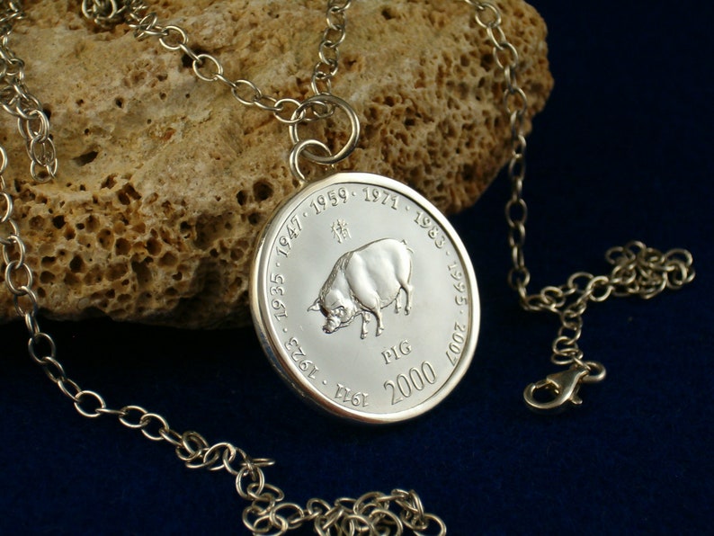 Chinese zodiac pig 925 sterling silver pendant coin Chinese horoscope birthday gift pig pendant gift for women pendant silver image 2