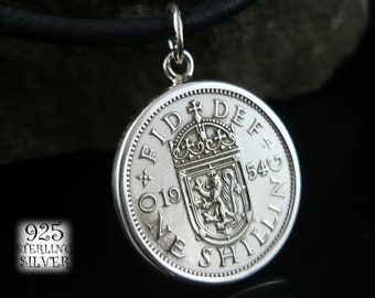 Pendentif Grande Bretagne 1965 * Argent Ag 925 * Pièce Originale Cupronickel * 66ème Anniversaire * Collier Cuir * Chaîne * Armoiries Écossaises