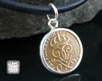 Coin pendant Sweden 1950 * silver 925 * coin original bronze * for 50th birthday * leather necklace * hand made jewelry * Europe