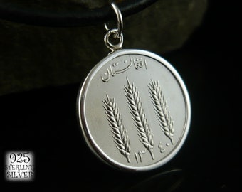 Pendant Afghanistan 1961 * silver Ag 925 * original steel coin * Asia * for 18th birthday * hand made * chain * natural leather * wheat