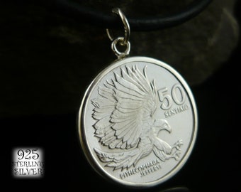 Coin pendant Asia Philippines 1985 * silver Ag 925 * eagle pendant * leather necklace * copper nickel coin *50th birthday *hand made jewelry