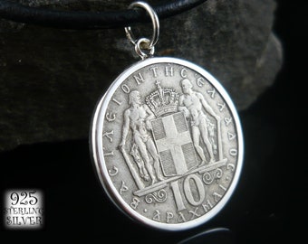 Pendant Greece 1968 * silver Ag 925 * cupro-nickel coin * leather necklace * chain * for 18th birthday * hand made jewelry * medallion