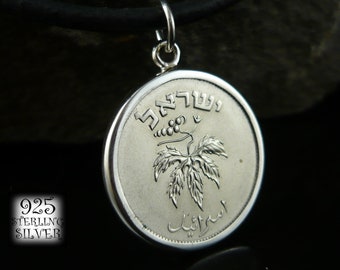 Pendant Israel 1954 * silver Ag 925 * coin original copper-nickel * leather necklace * chain * for 50th birthday * grape leaf