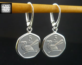 Boucles d'oreilles pièces Afrique Botswana 2013 * pièces originales acier * argent sterling 925 * pièces oiseaux Tockus erythrorhynchus * bijoux faits main