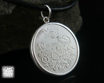 Ukraine 2020 coin pendant * silver Ag 925 * zinc alloy coin * original Europe coin * leather necklace * hand made * sunflower