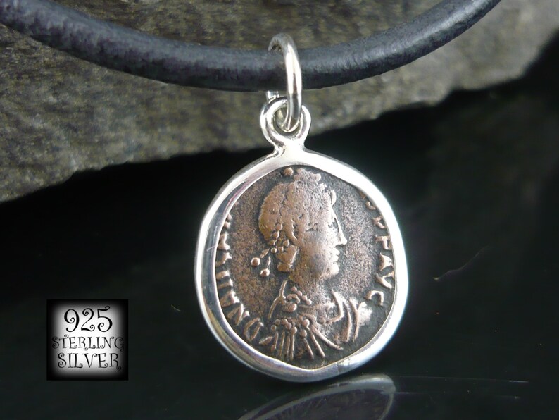 Arkadiusz 383-408 emperor pendant coin original antique bronze Roman Empire silver 925 18th birthday leather necklace image 1