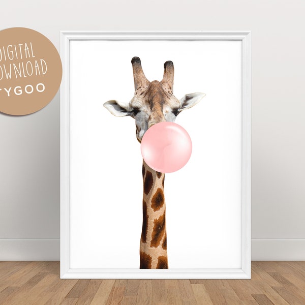 Giraffe bläst Luftblase, Tiere Wandkunst, lustige Tiere Wandkunst, Kinderzimmer Wandkunst, Giraffendrucke für Kinder, Kaugummidrucke