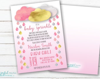 Baby Girl Sprinkle Shower - Raindrop Sprinkle - Pink and Gold - Edit Yourself, Instant Download