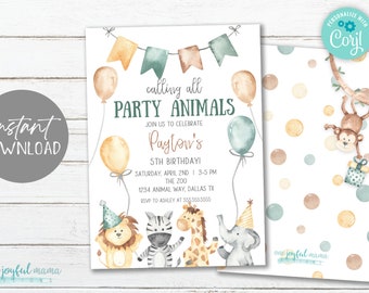 Party Animals Birthday Party Invitation - Boy or Girl Birthday - Wild Thing, Wild and Free, Jungle Theme - Instant Download - DIY Printable