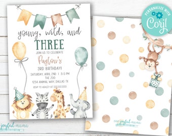 Young, Wild, and Three Birthday Party Invitation - Boy or Girl Birthday - Party Animals, Jungle Theme - Instant Download - DIY Printable